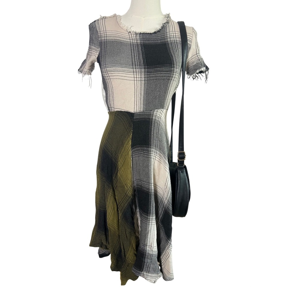 ZARA Plaid‎ Patchwork Raw Hem Midi Dress Women Size S